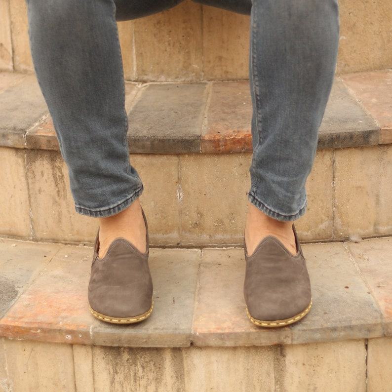 Grounding Shoes  Handmade Gray Nubuck Earthing Shoes with Wide Toe Box & Copper Sole