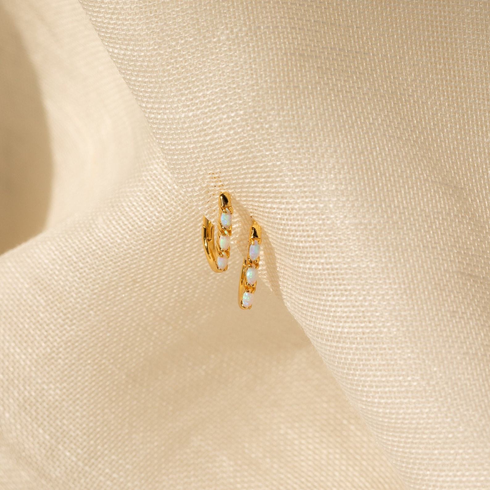 Halo Opal Hoop Earrings Minimalist Gemstone Huggies for Everyday Elegance