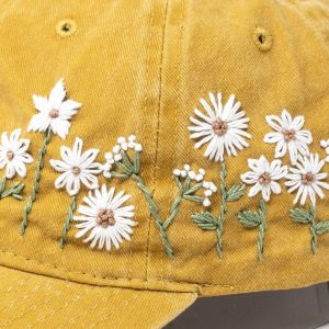 Hand-Embroidered Daisy Baseball Cap Mustard Yellow Floral Essence for Unforgettable Style