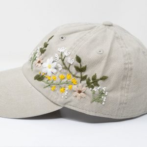 Hand Embroidered Floral Baseball Cap Botanical Garden Blooms on 95% Cotton
