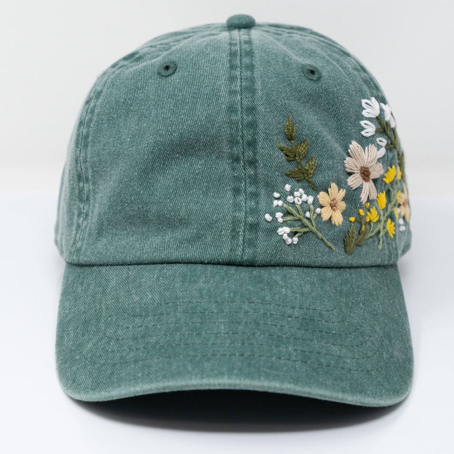 Hand Embroidered Floral Baseball Cap Botanical Garden Blooms on 95% Cotton