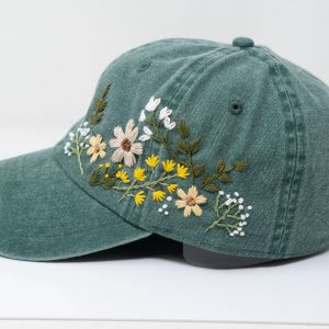 Hand Embroidered Floral Baseball Cap Botanical Garden Blooms on 95% Cotton