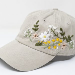 Hand Embroidered Floral Baseball Cap Botanical Garden Blooms on 95% Cotton