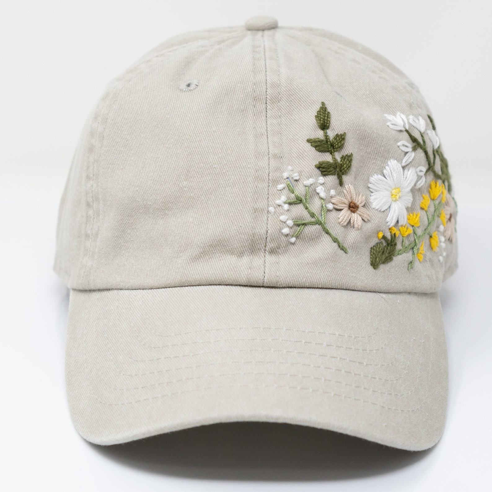 Hand Embroidered Floral Baseball Cap Botanical Garden Blooms on 95% Cotton