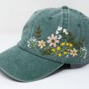 Hand Embroidered Floral Baseball Cap Botanical Garden Blooms on 95% Cotton