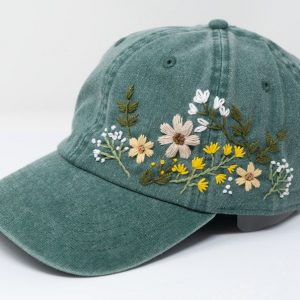 Hand Embroidered Floral Baseball Cap Botanical Garden Blooms on 95% Cotton