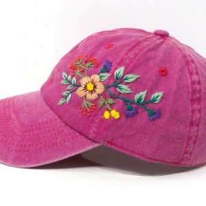 Hand Embroidered Floral Wash Cotton Baseball Cap Unique Summer Sun Hat with Curve Brim