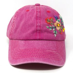 Hand Embroidered Floral Wash Cotton Baseball Cap Unique Summer Sun Hat with Curve Brim