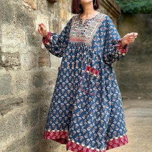 Hand Embroidered Midi Dress A Tapestry of Kutch Mirror Work and Block Printed Cotton