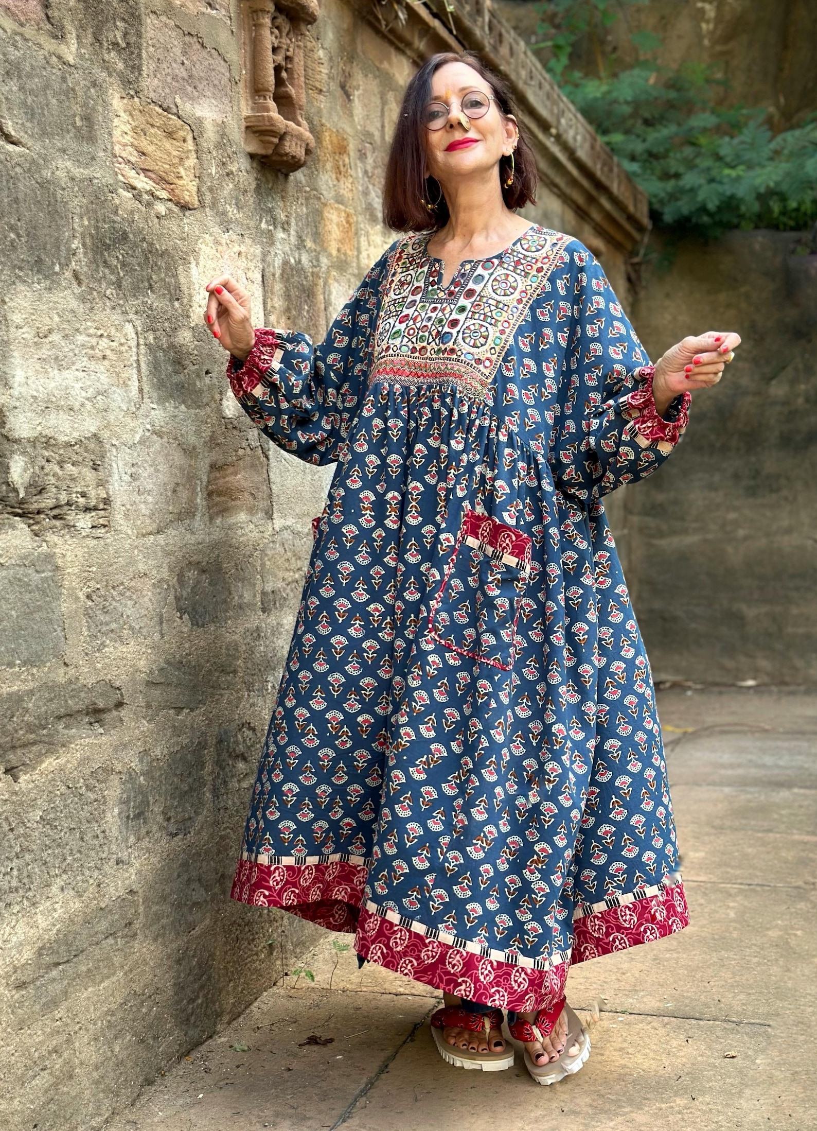 Hand Embroidered Midi Dress A Tapestry of Kutch Mirror Work and Block Printed Cotton - Image 4