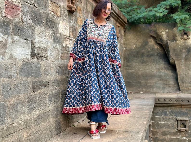 Hand Embroidered Midi Dress A Tapestry of Kutch Mirror Work and Block Printed Cotton