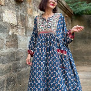 Hand Embroidered Midi Dress A Tapestry of Kutch Mirror Work and Block Printed Cotton