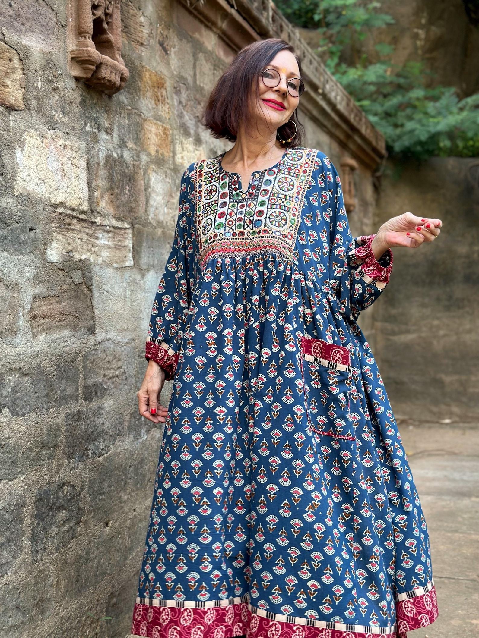Hand Embroidered Midi Dress A Tapestry of Kutch Mirror Work and Block Printed Cotton - Image 6