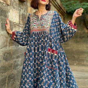 Hand Embroidered Midi Dress A Tapestry of Kutch Mirror Work and Block Printed Cotton