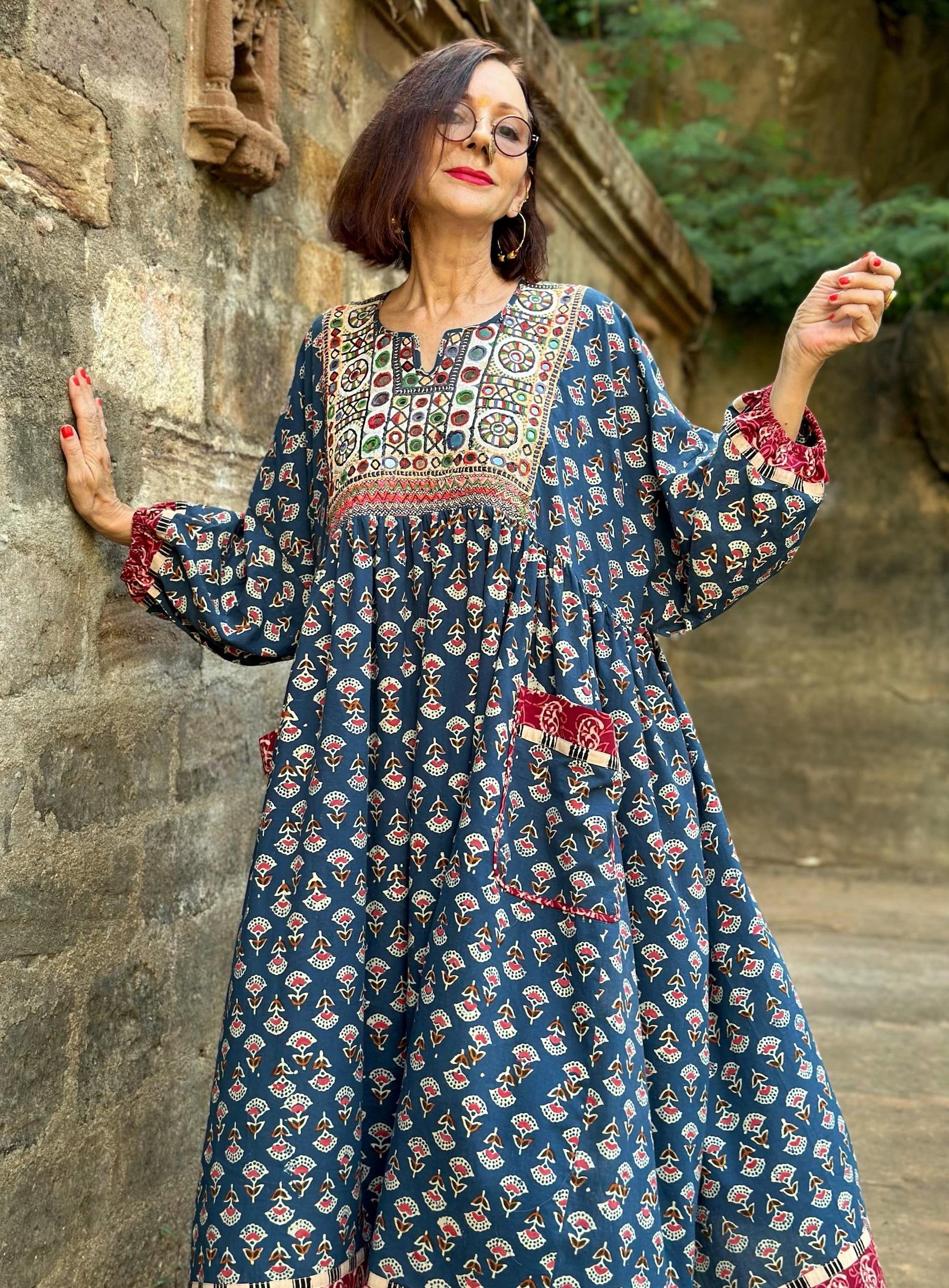 Hand Embroidered Midi Dress A Tapestry of Kutch Mirror Work and Block Printed Cotton - Image 2