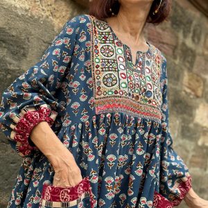 Hand Embroidered Midi Dress A Tapestry of Kutch Mirror Work and Block Printed Cotton