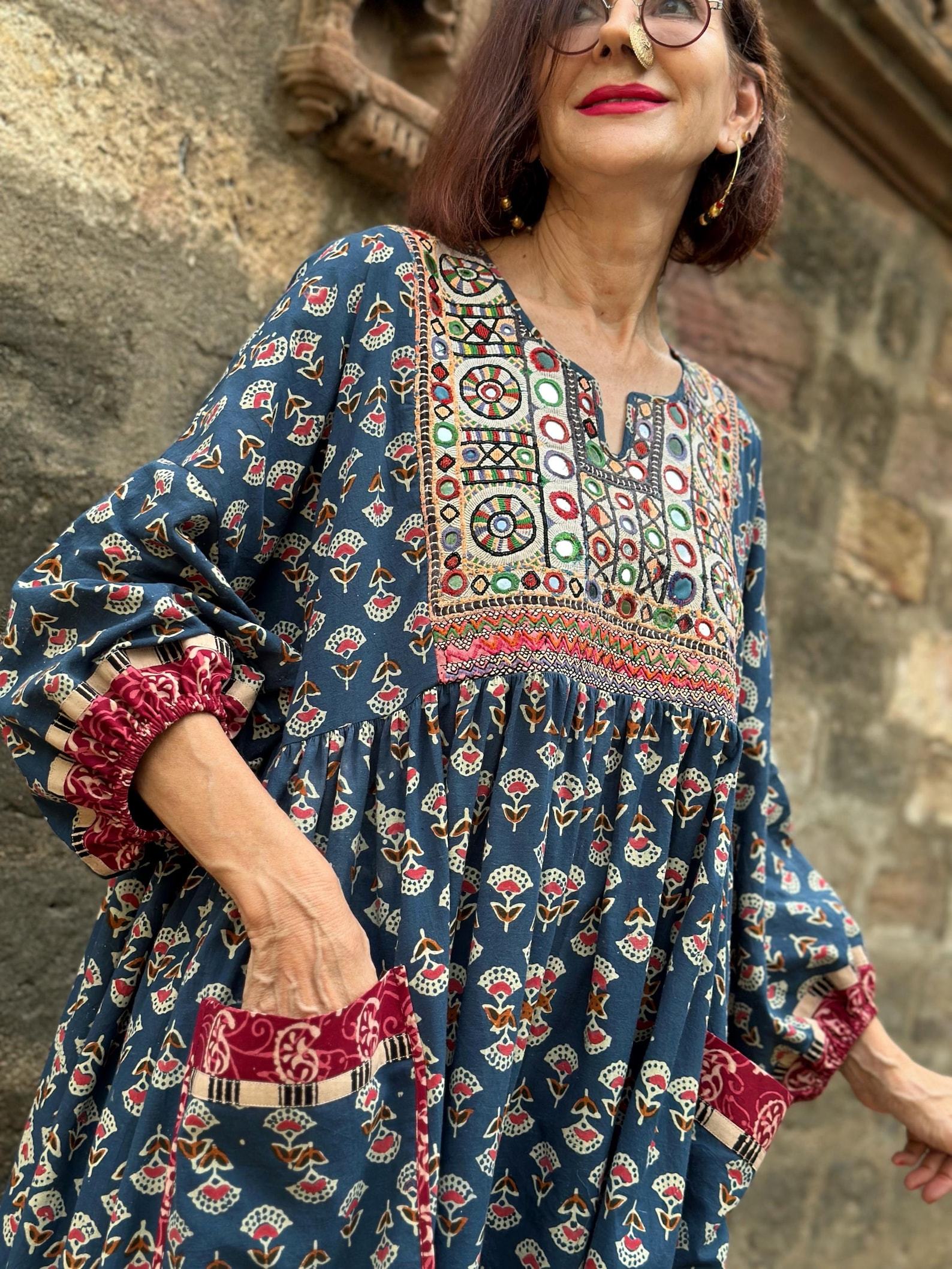 Hand Embroidered Midi Dress A Tapestry of Kutch Mirror Work and Block Printed Cotton - Image 5