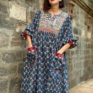 Hand Embroidered Midi Dress A Tapestry of Kutch Mirror Work and Block Printed Cotton