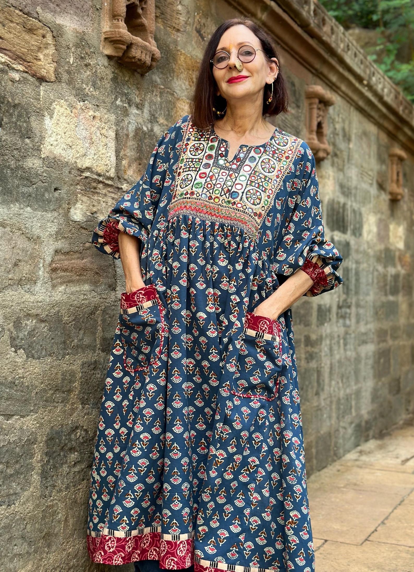 Hand Embroidered Midi Dress A Tapestry of Kutch Mirror Work and Block Printed Cotton - Image 3