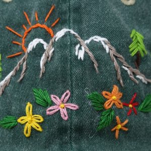Hand Embroidered Mountain Flower Trees 2-Tone Green Beige Washed Cotton Baseball Cap for Summer Sun Protection
