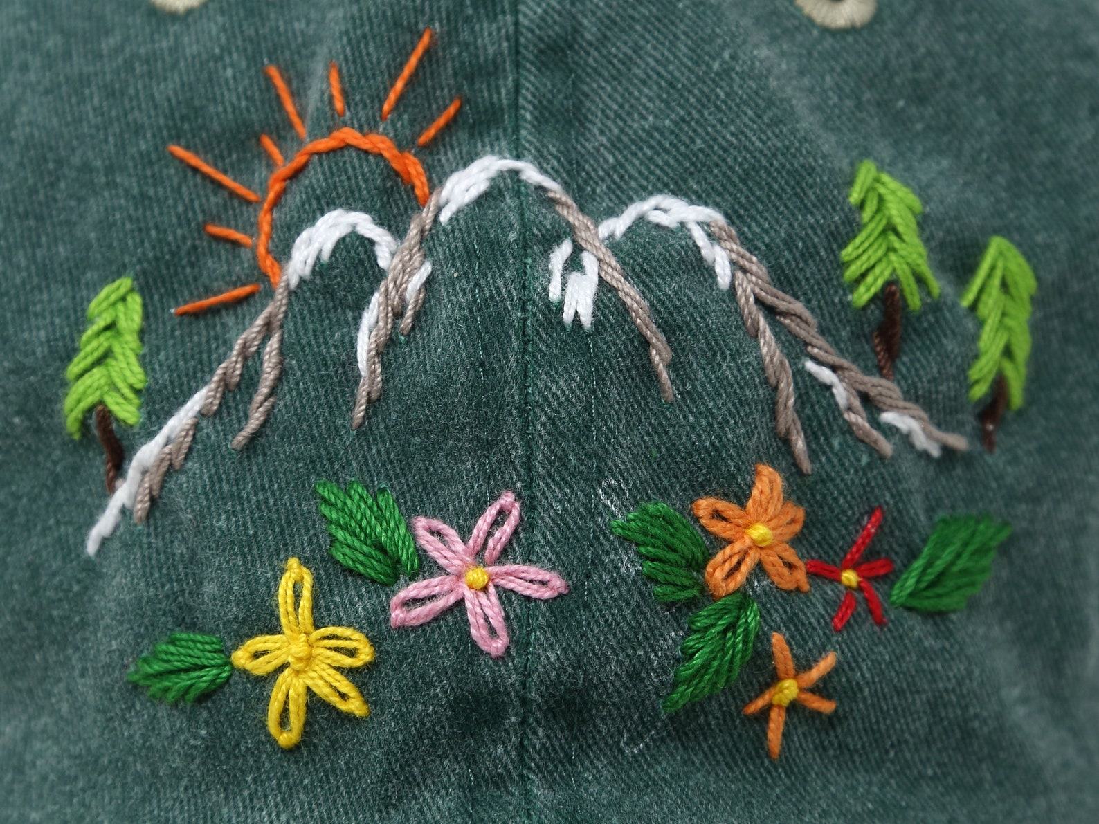 Hand Embroidered Mountain Flower Trees 2-Tone Green Beige Washed Cotton Baseball Cap for Summer Sun Protection - Image 5