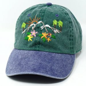 Hand Embroidered Mountain Flower Trees 2-Tone Green Beige Washed Cotton Baseball Cap for Summer Sun Protection