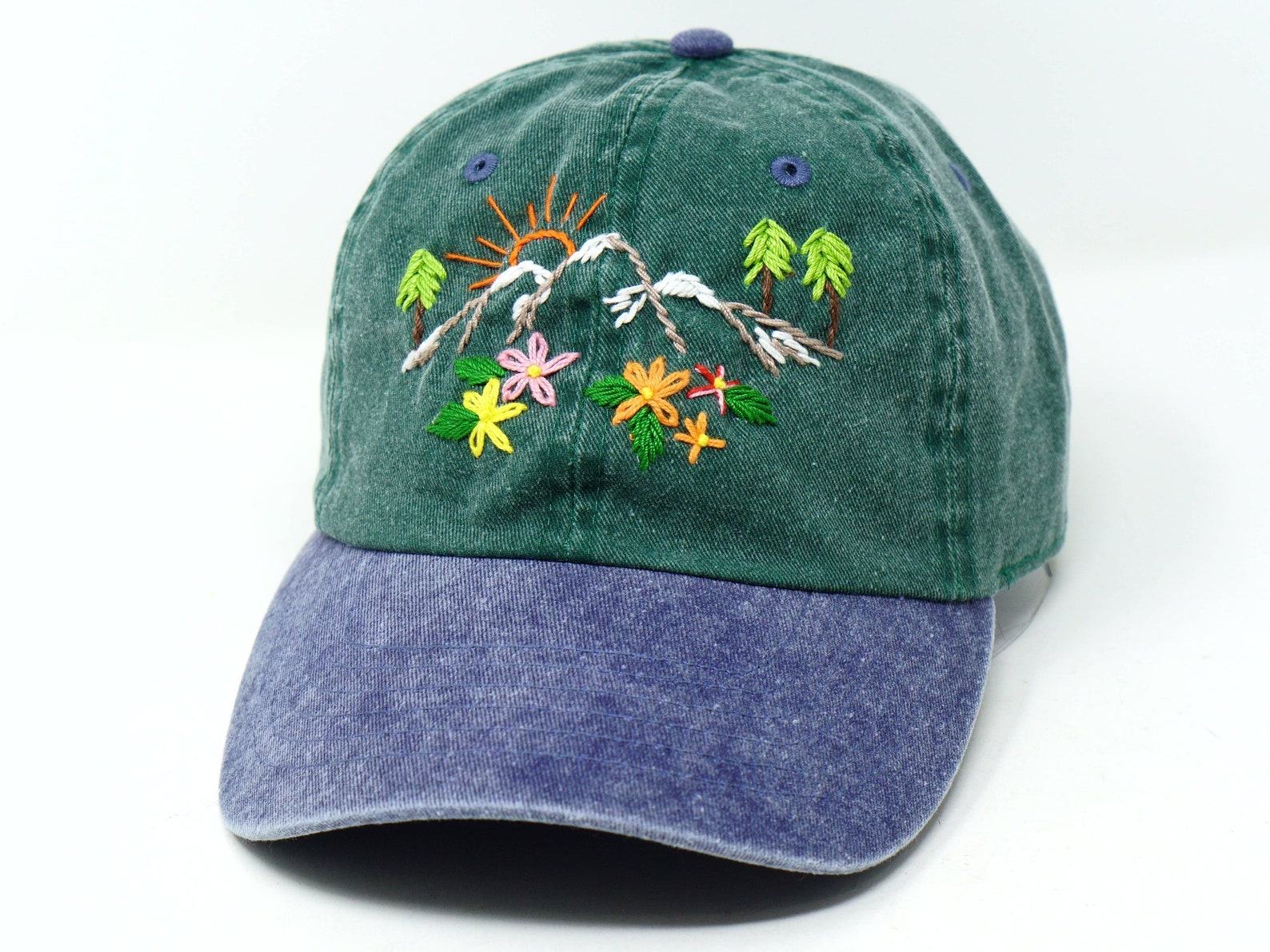 Hand Embroidered Mountain Flower Trees 2-Tone Green Beige Washed Cotton Baseball Cap for Summer Sun Protection - Image 6