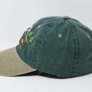 Hand Embroidered Mountain Flower Trees 2-Tone Green Beige Washed Cotton Baseball Cap for Summer Sun Protection