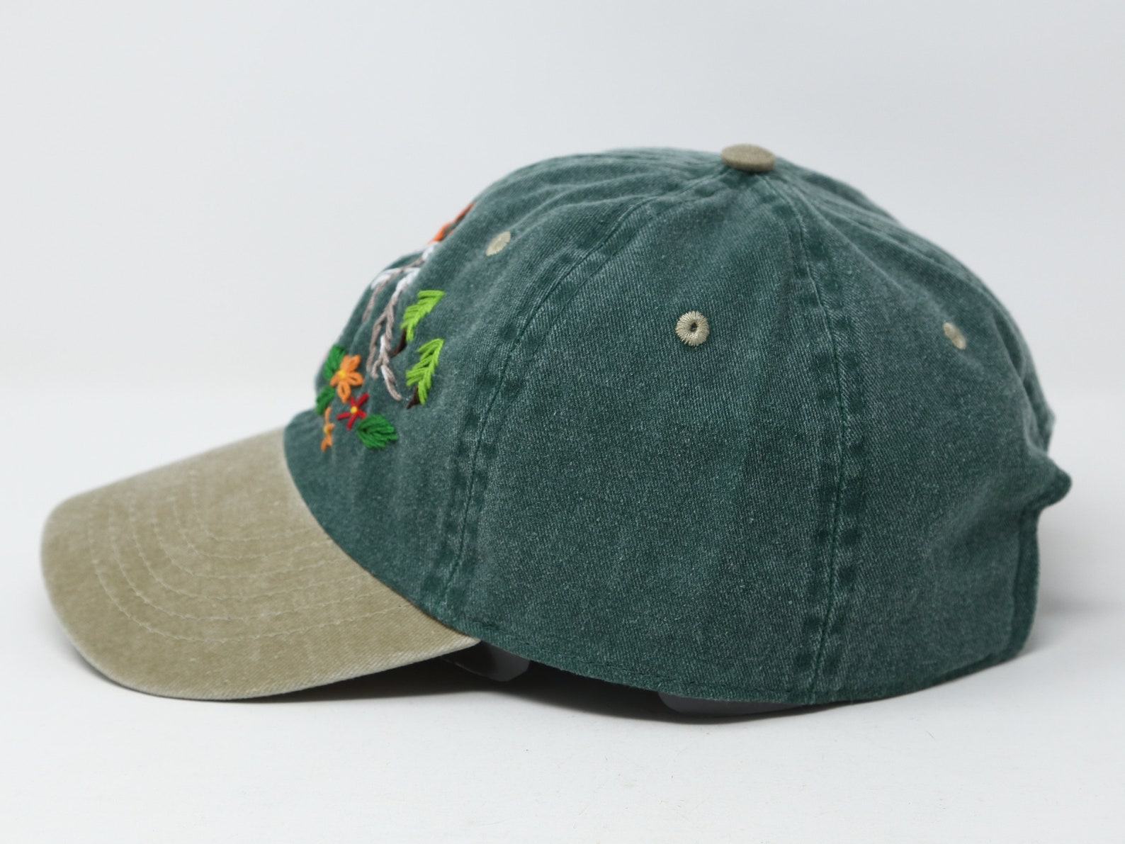 Hand Embroidered Mountain Flower Trees 2-Tone Green Beige Washed Cotton Baseball Cap for Summer Sun Protection - Image 4