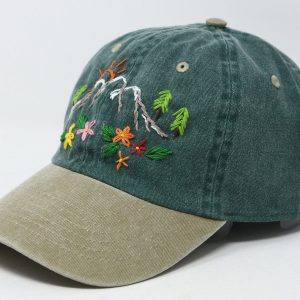 Hand Embroidered Mountain Flower Trees 2-Tone Green Beige Washed Cotton Baseball Cap for Summer Sun Protection