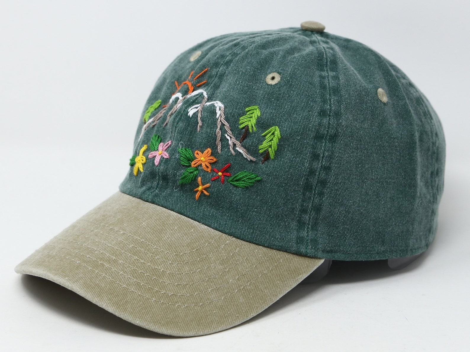 Hand Embroidered Mountain Flower Trees 2-Tone Green Beige Washed Cotton Baseball Cap for Summer Sun Protection - Image 3