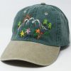 Hand Embroidered Mountain Flower Trees 2-Tone Green Beige Washed Cotton Baseball Cap for Summer Sun Protection