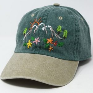 Hand Embroidered Mountain Flower Trees 2-Tone Green Beige Washed Cotton Baseball Cap for Summer Sun Protection