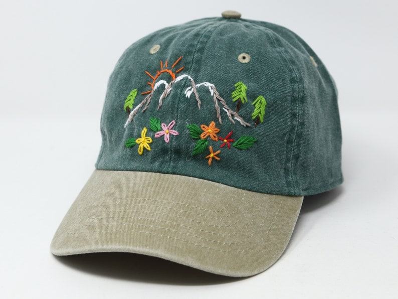 Hand Embroidered Mountain Flower Trees 2-Tone Green Beige Washed Cotton Baseball Cap for Summer Sun Protection