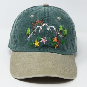 Hand Embroidered Mountain Flower Trees 2-Tone Green Beige Washed Cotton Baseball Cap for Summer Sun Protection