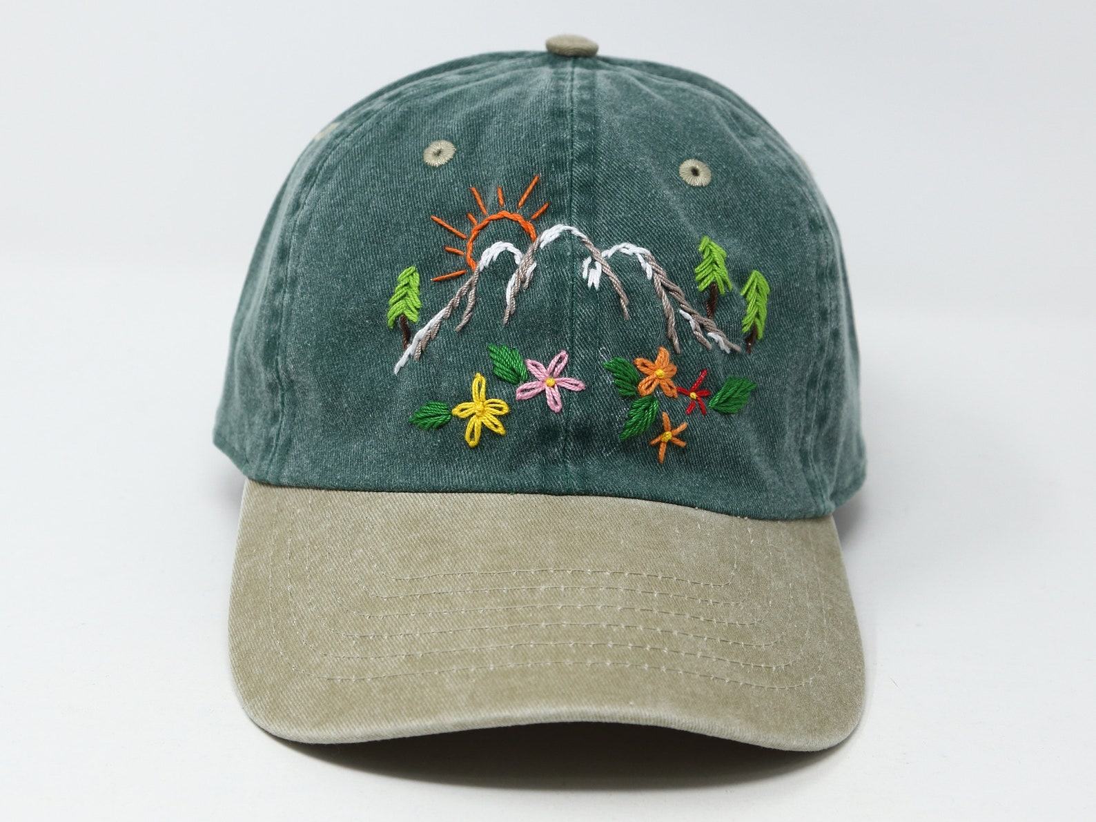 Hand Embroidered Mountain Flower Trees 2-Tone Green Beige Washed Cotton Baseball Cap for Summer Sun Protection - Image 2