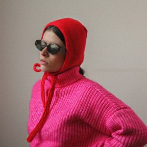 Hand-Knitted Crimson Bow Tie Bonnet A Timeless Accessory for the Discerning Gentleman