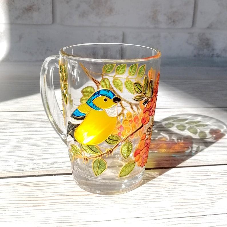 Hand-Painted Autumn Bird Mug A Thanksgiving Item for Nature Enthusiasts and Office Decor