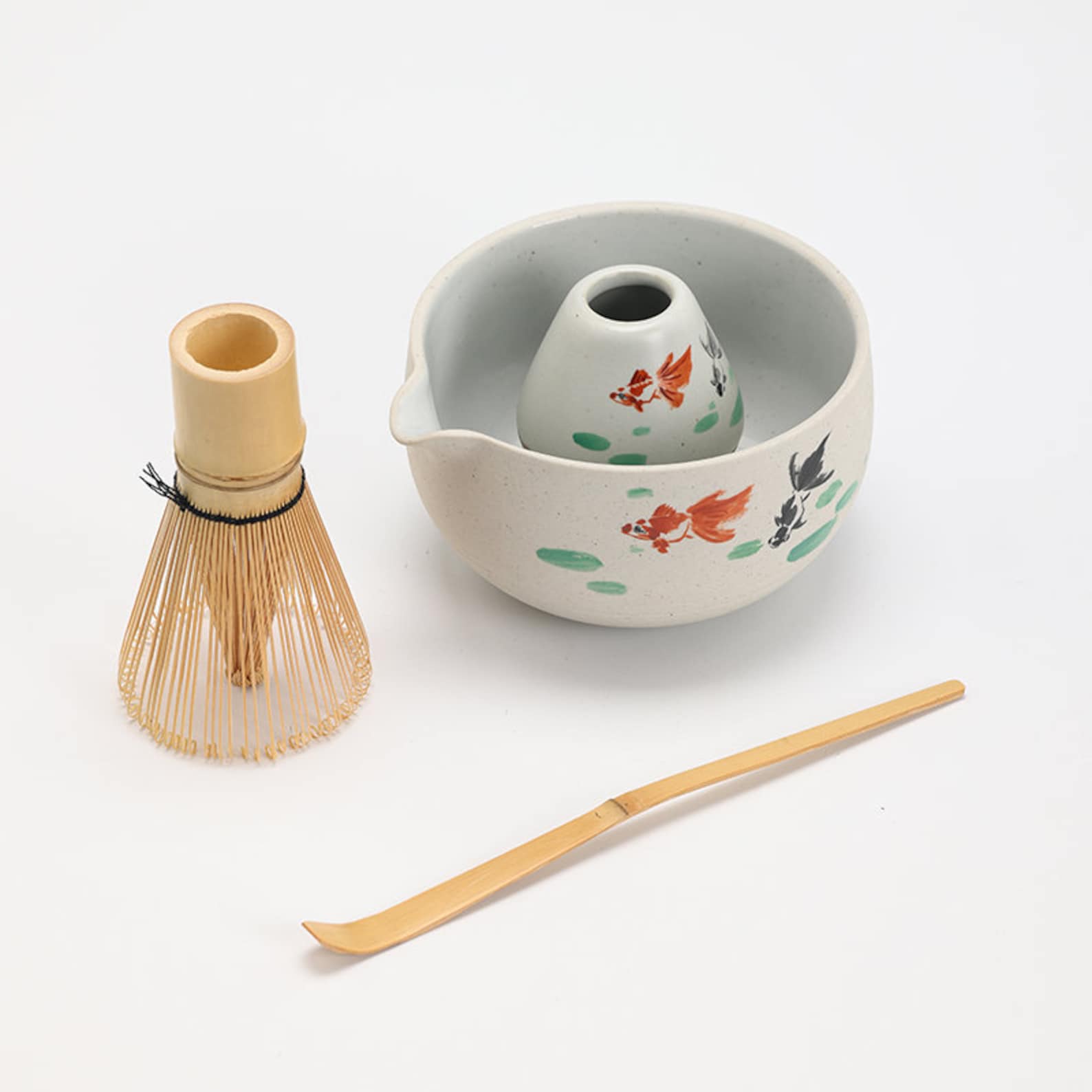 Hand-Painted Fish Ceramic Matcha Bowl with Bamboo Whisk and Chasen Holder Elevate Your Matcha Ritual