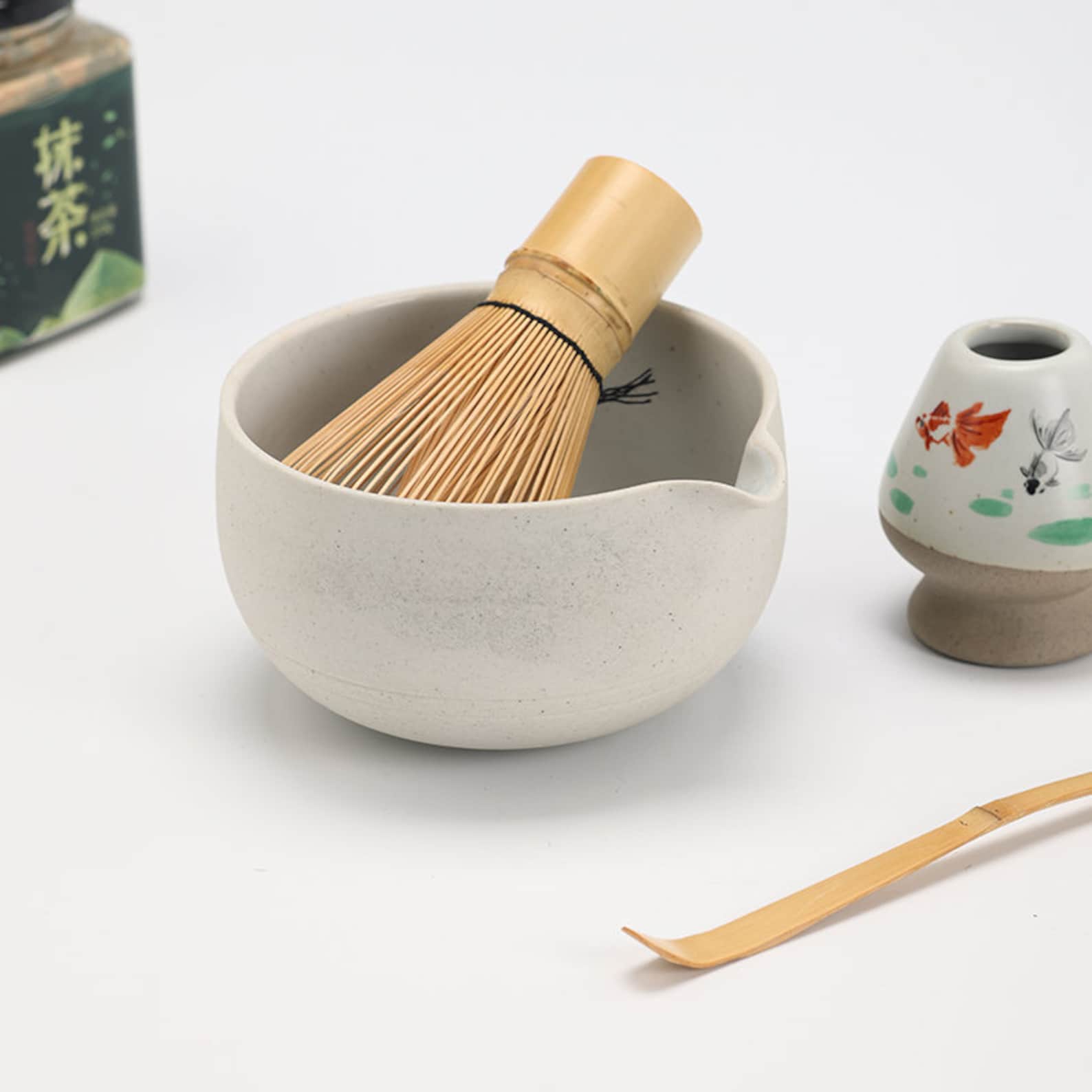Hand-Painted Fish Ceramic Matcha Bowl with Bamboo Whisk and Chasen Holder Elevate Your Matcha Ritual