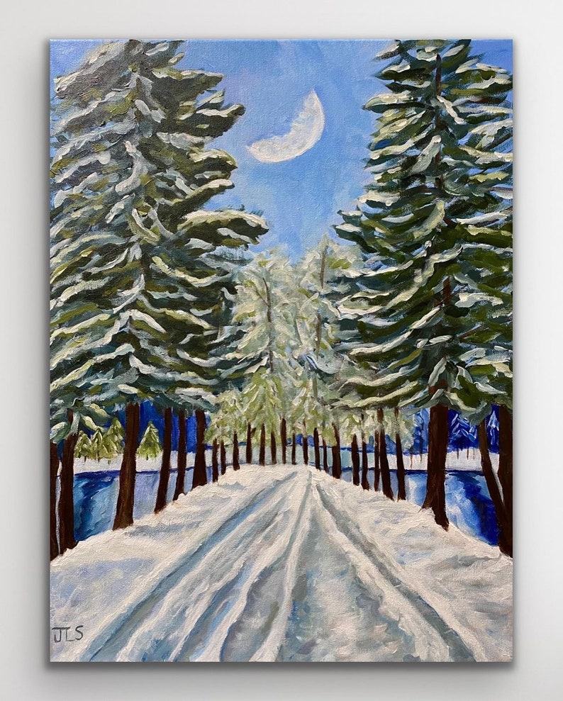 Hand-Painted Winter Wonderland Snowy Acrylic Masterpiece on Canvas, Adorn Your Abode with Enchanting Winter Scenery