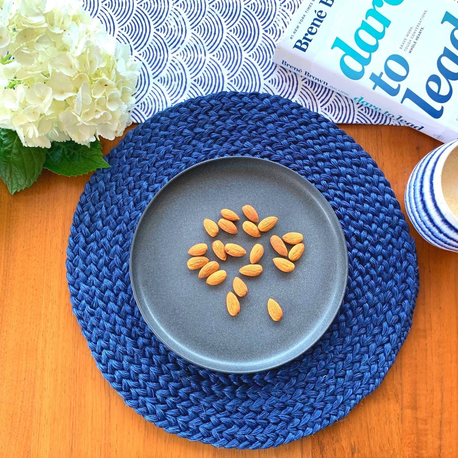 Handcrafted Blue Navy Straw Placemats Heat-Resistant, Hand-Braided Dining Table Protectors