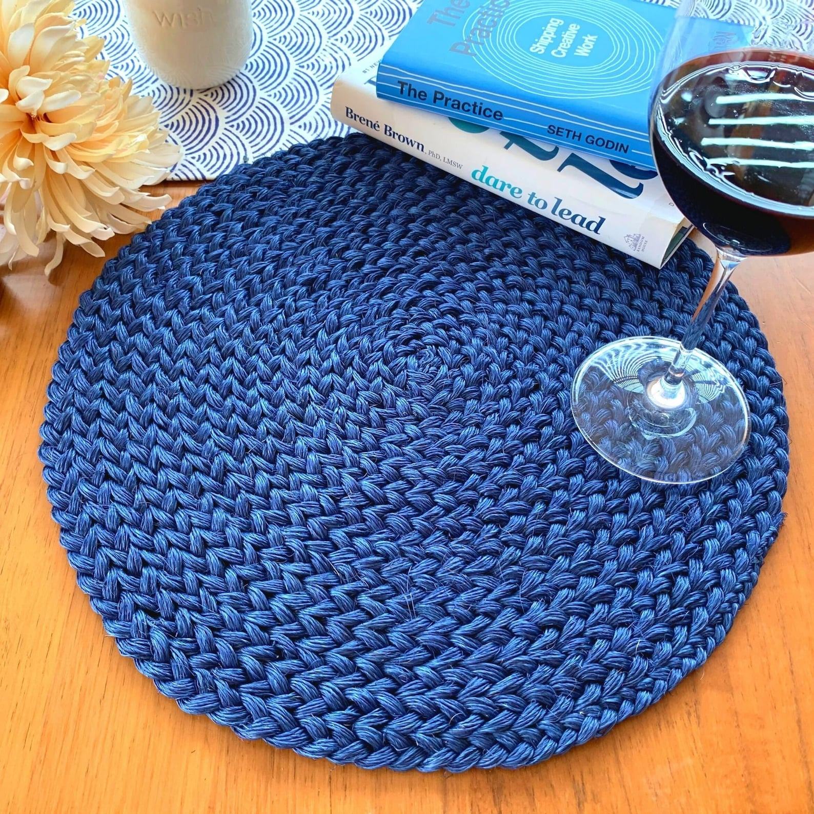 Handcrafted Blue Navy Straw Placemats Heat-Resistant, Hand-Braided Dining Table Protectors