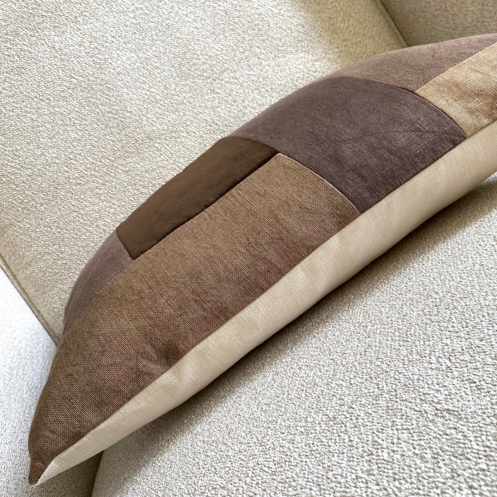 Handcrafted Brown Linen and Velvet Lumbar Pillow Cover A Touch of Rustic Elegance