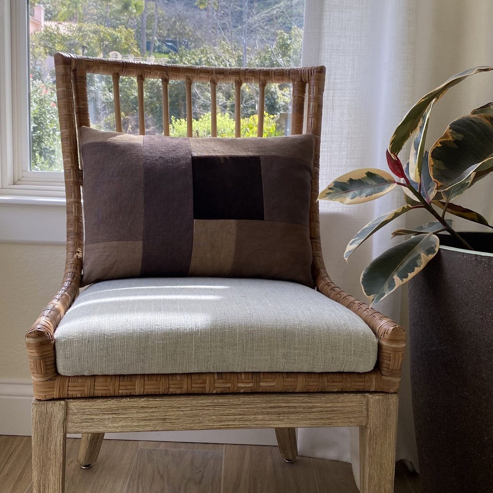 Handcrafted Brown Linen and Velvet Lumbar Pillow Cover A Touch of Rustic Elegance