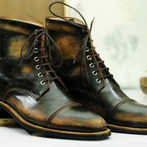 Handcrafted Brown Rub-Off Leather Cap Toe Boots | Goodyear Welted Ankle Boots for Men
