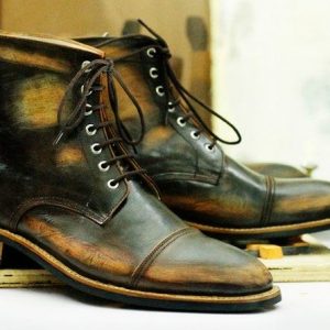 Handcrafted Brown Rub-Off Leather Cap Toe Boots | Goodyear Welted Ankle Boots for Men