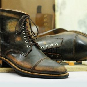 Handcrafted Brown Rub-Off Leather Cap Toe Boots | Goodyear Welted Ankle Boots for Men