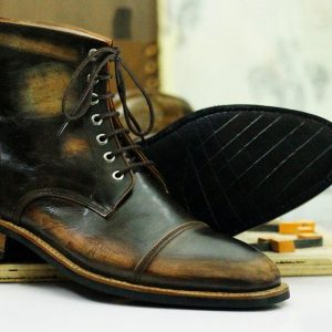 Handcrafted Brown Rub-Off Leather Cap Toe Boots | Goodyear Welted Ankle Boots for Men