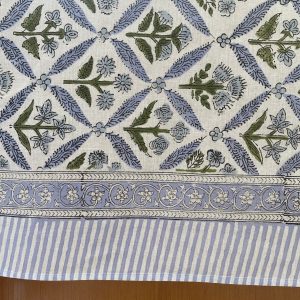 Handcrafted Elegance Light Steel Blue and Olive Green Block Printed Cotton Tablecloth for Memorable Gatherings
